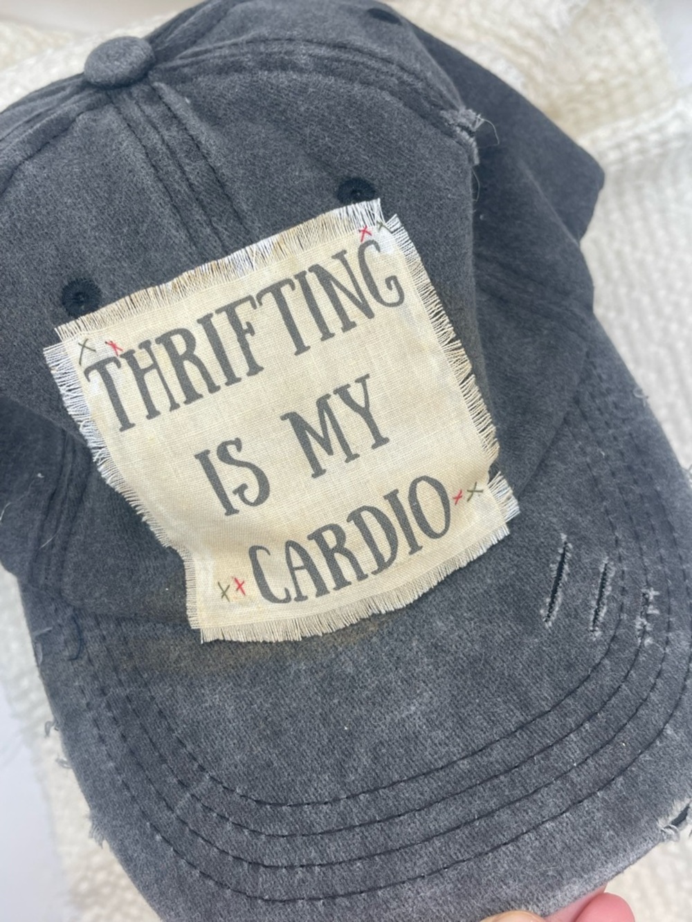 Handmade Distressed Grey Baseball Cap with 'Thrifting Is My Cardio’